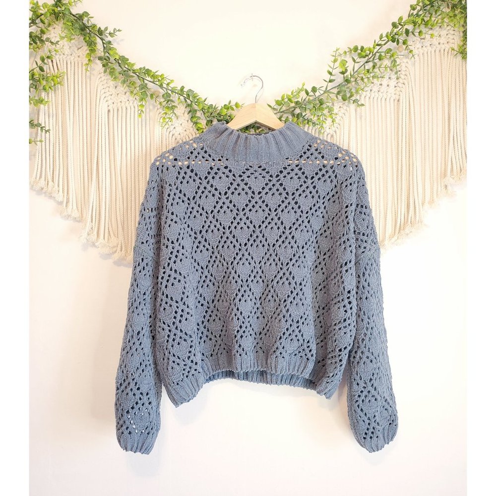 Pol Teal Crochet Chenille Knit Long Sleeve Sheer Mock Sweater, Size Small